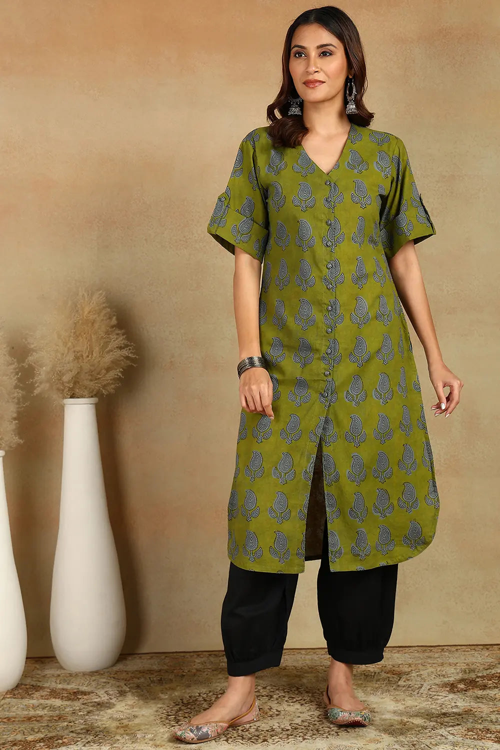 Bottle Green Bagru  Kurta