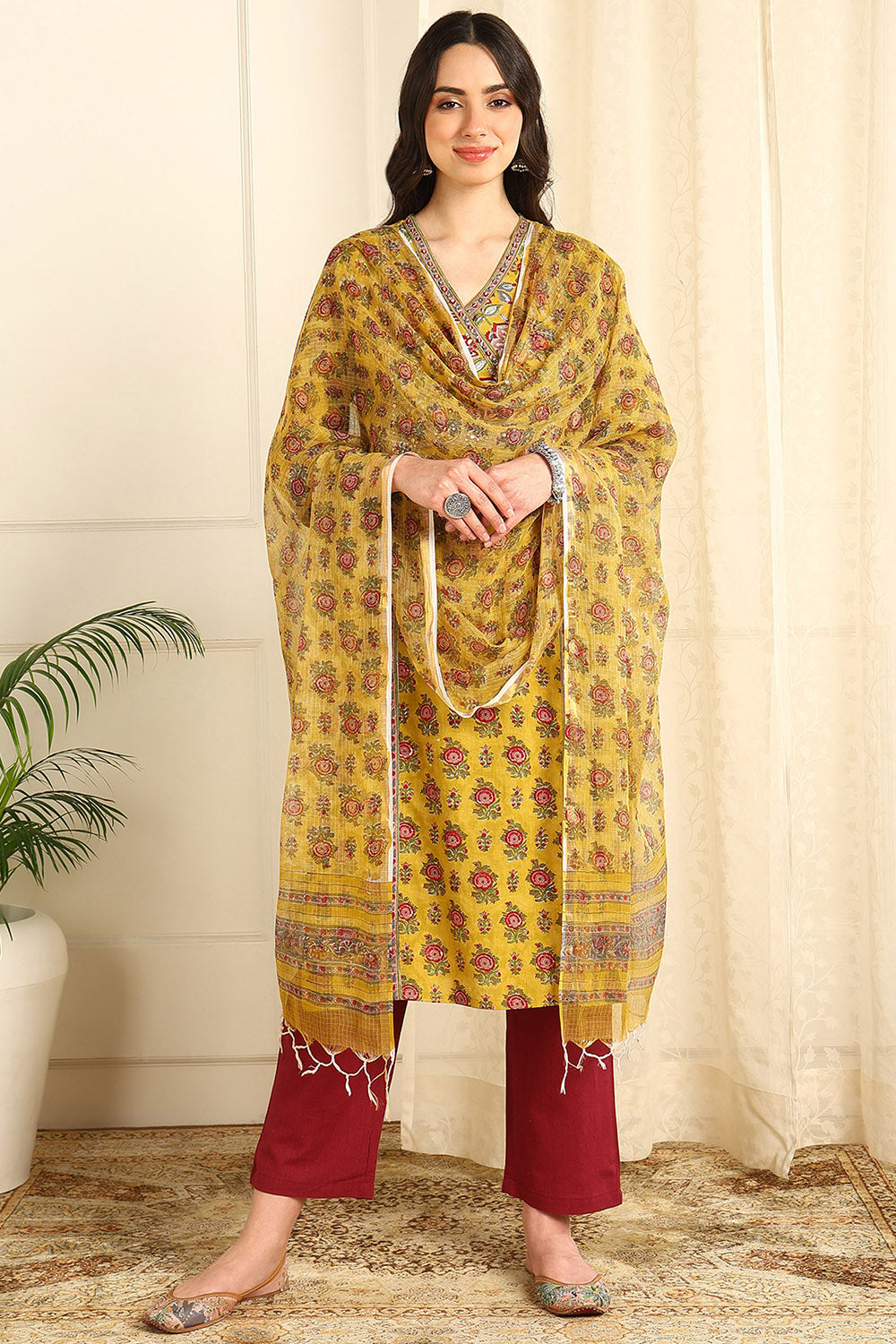 Mustard Yellow/Maroon Kota Doria Dupatta