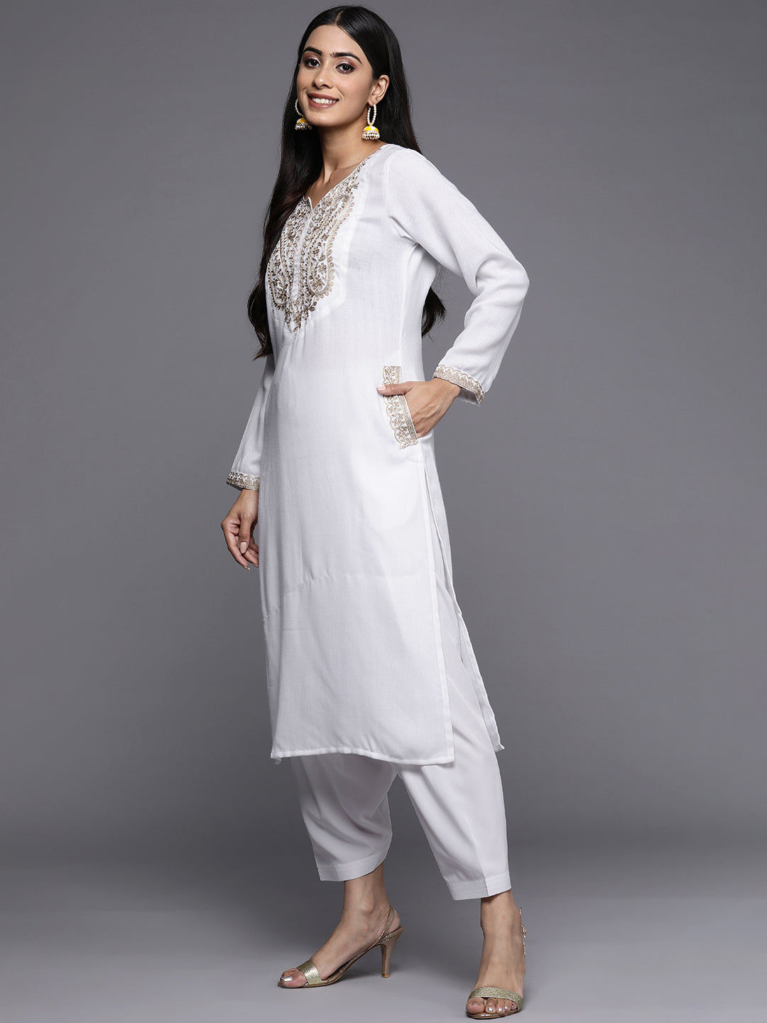 White Ethnic Motifs Embroidered Aari Work Pashmina Kurta with Salwar & With Dupatta