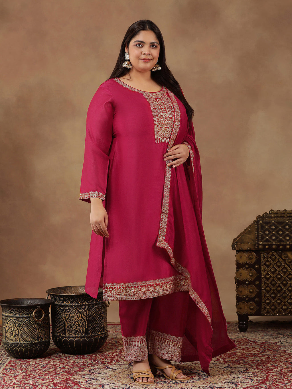 Plus Size Ethnic Motifs Embroidered Thread Work Kurta Trousers & With Dupatta - ID