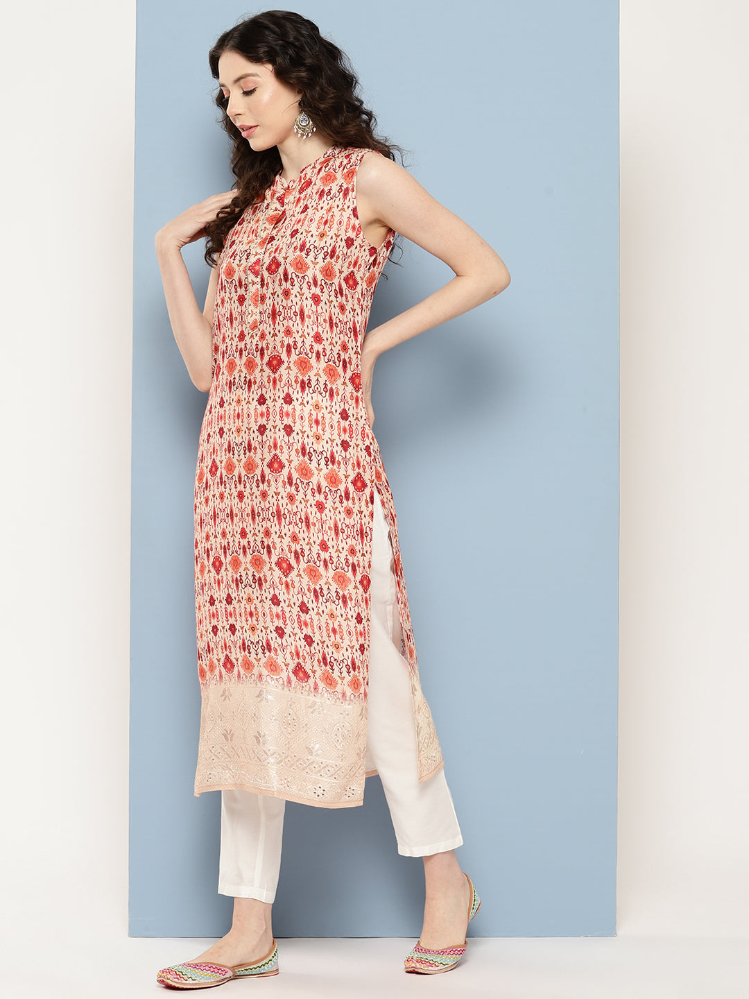 Beige & Maroon Printed Gotta Patti Kurta