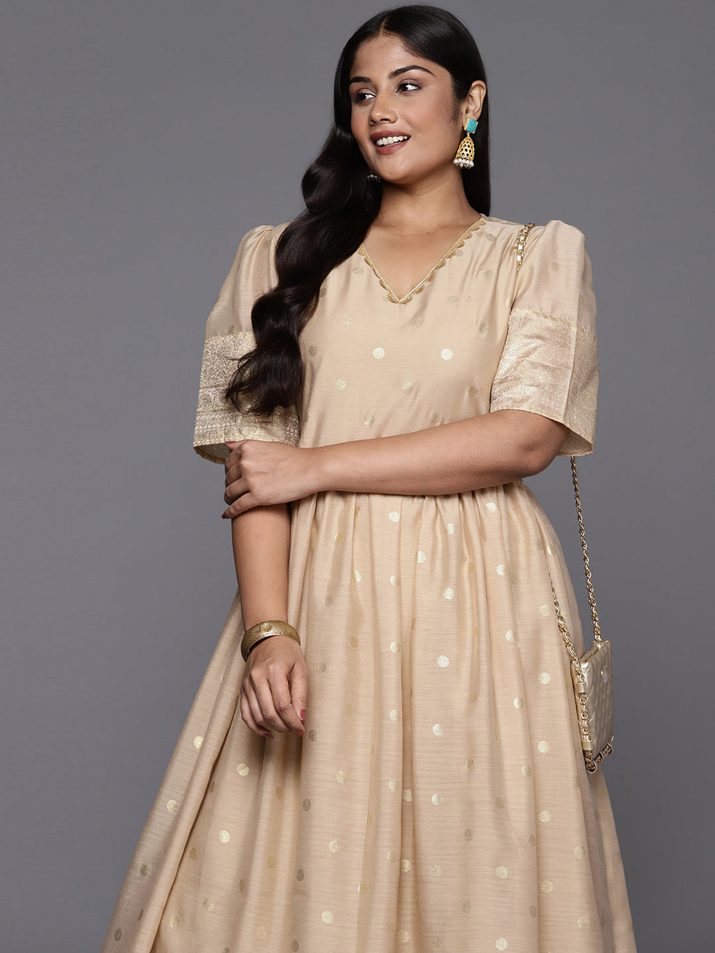 Beige Printed Plus Size Fit & Flare Maxi Dress-AH
