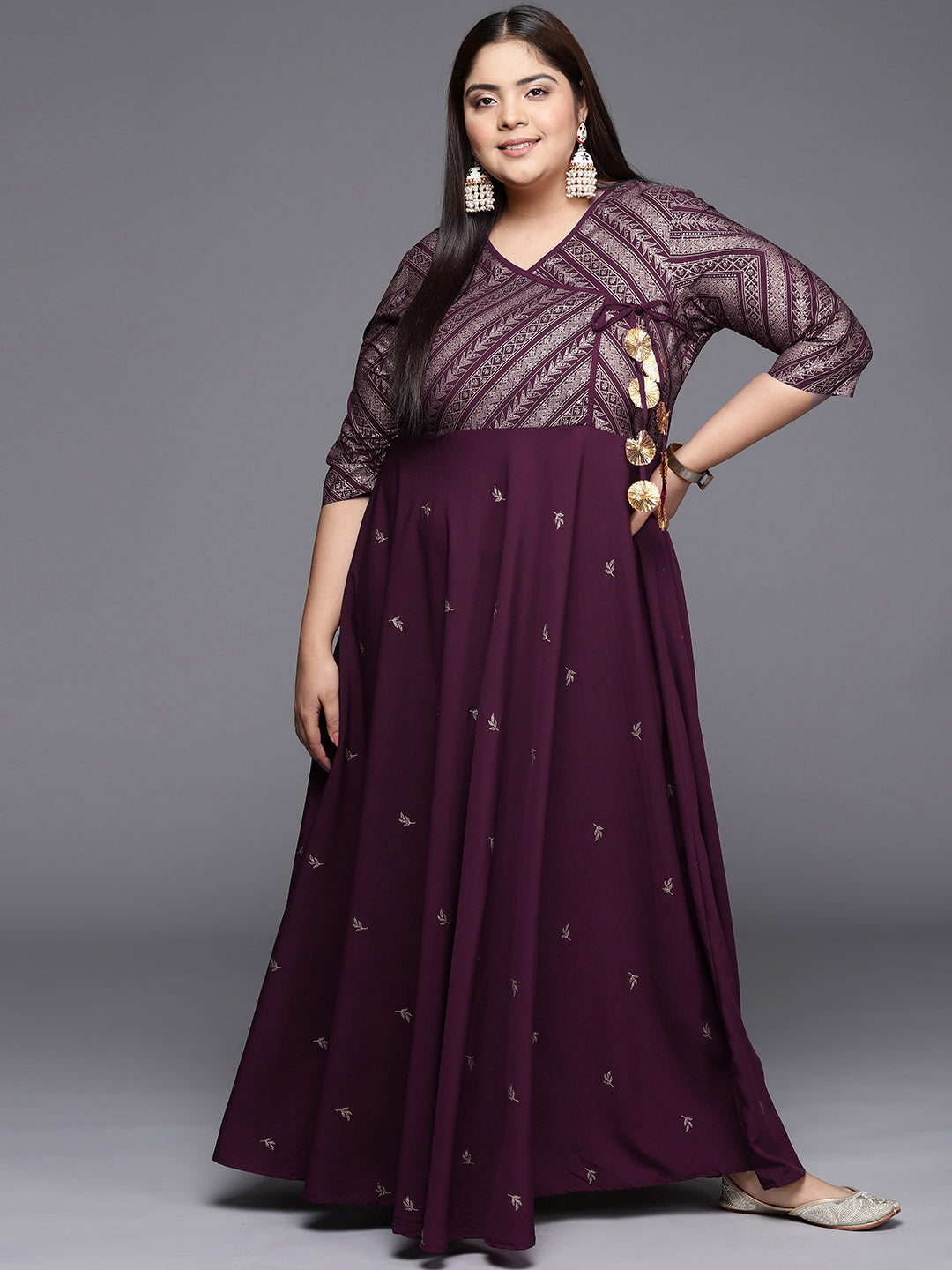 Burgandy & Gold Printed Plus Size Maxi Ethnic Dress