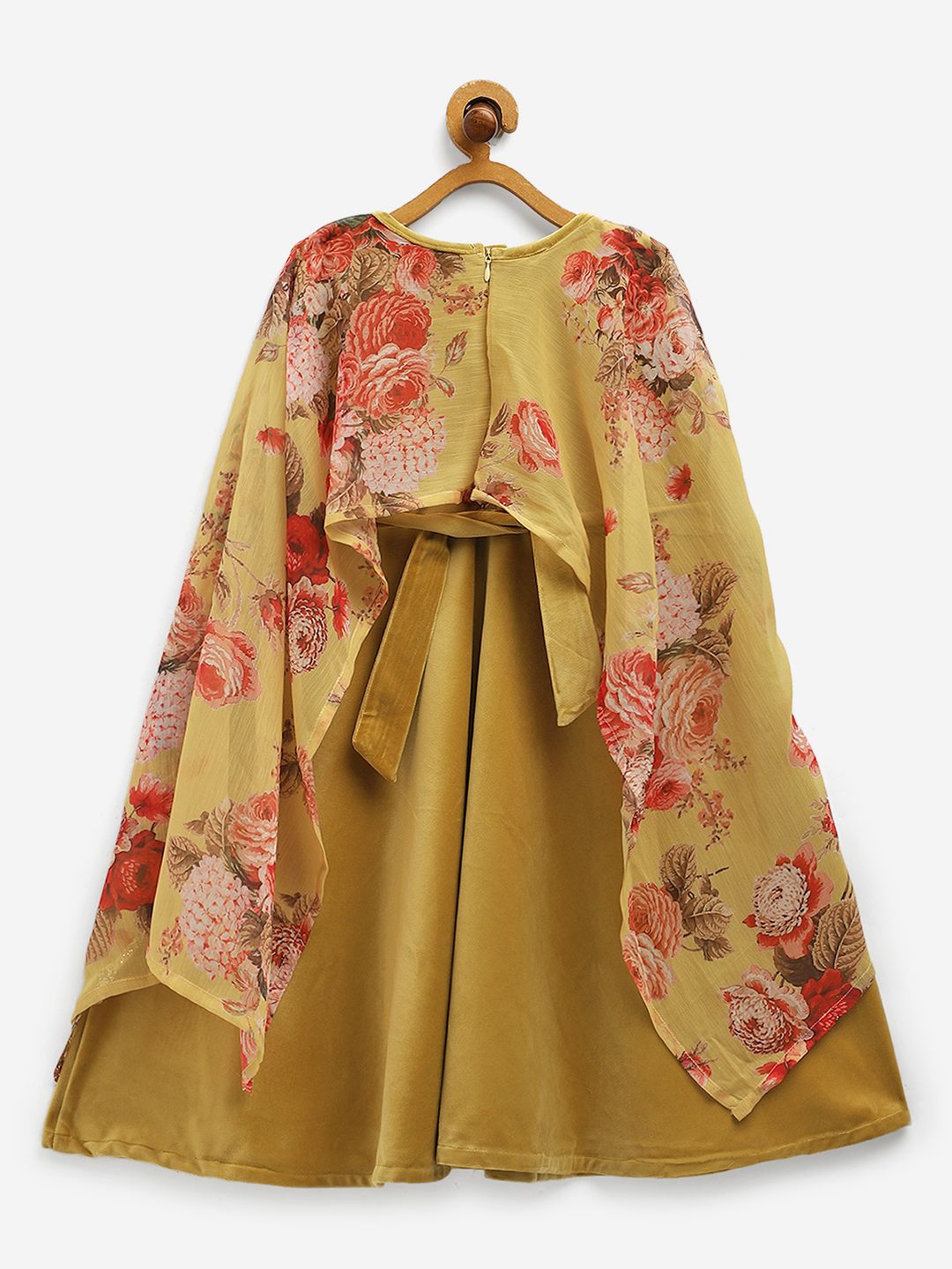 Mustard Floral Printed Velvet Girls Dress With Attached Dupatta