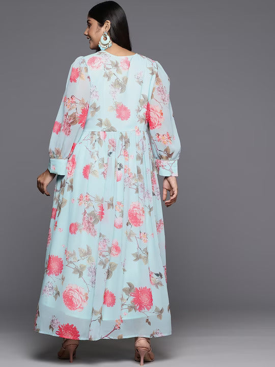 Turquoise Blue & Pink Plus Size Floral Printed A-Line Maxi Dress