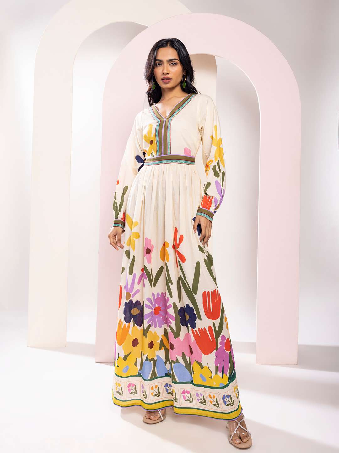 Folk Printed V Neck Maxi Dress