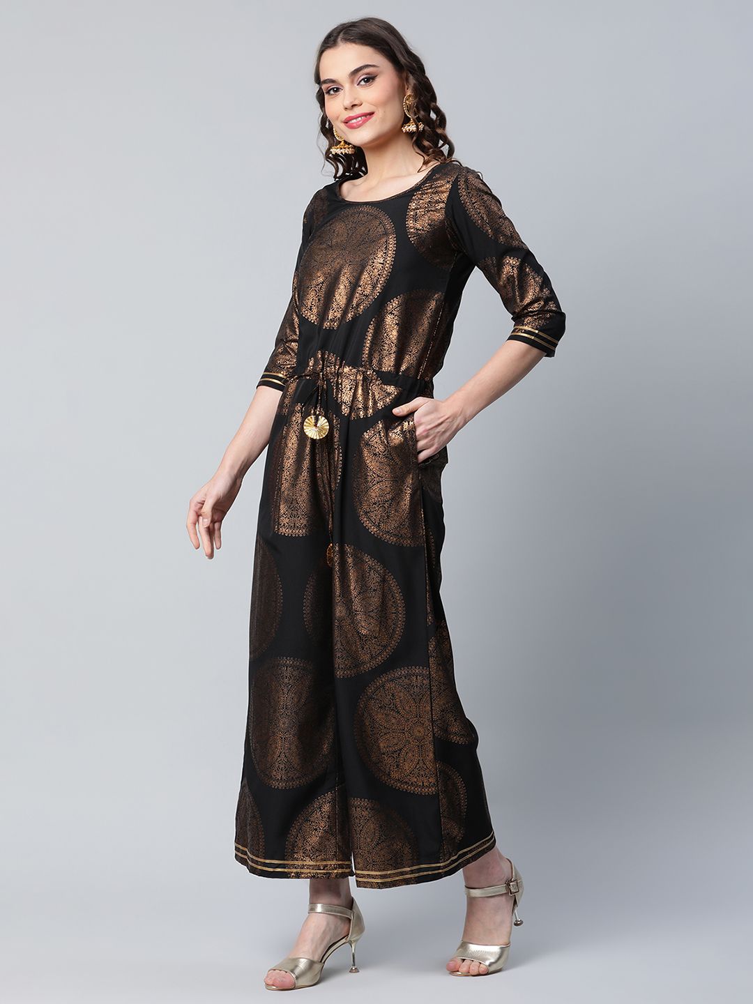 Black Crepe Copper Foil Printed Jumpsuit