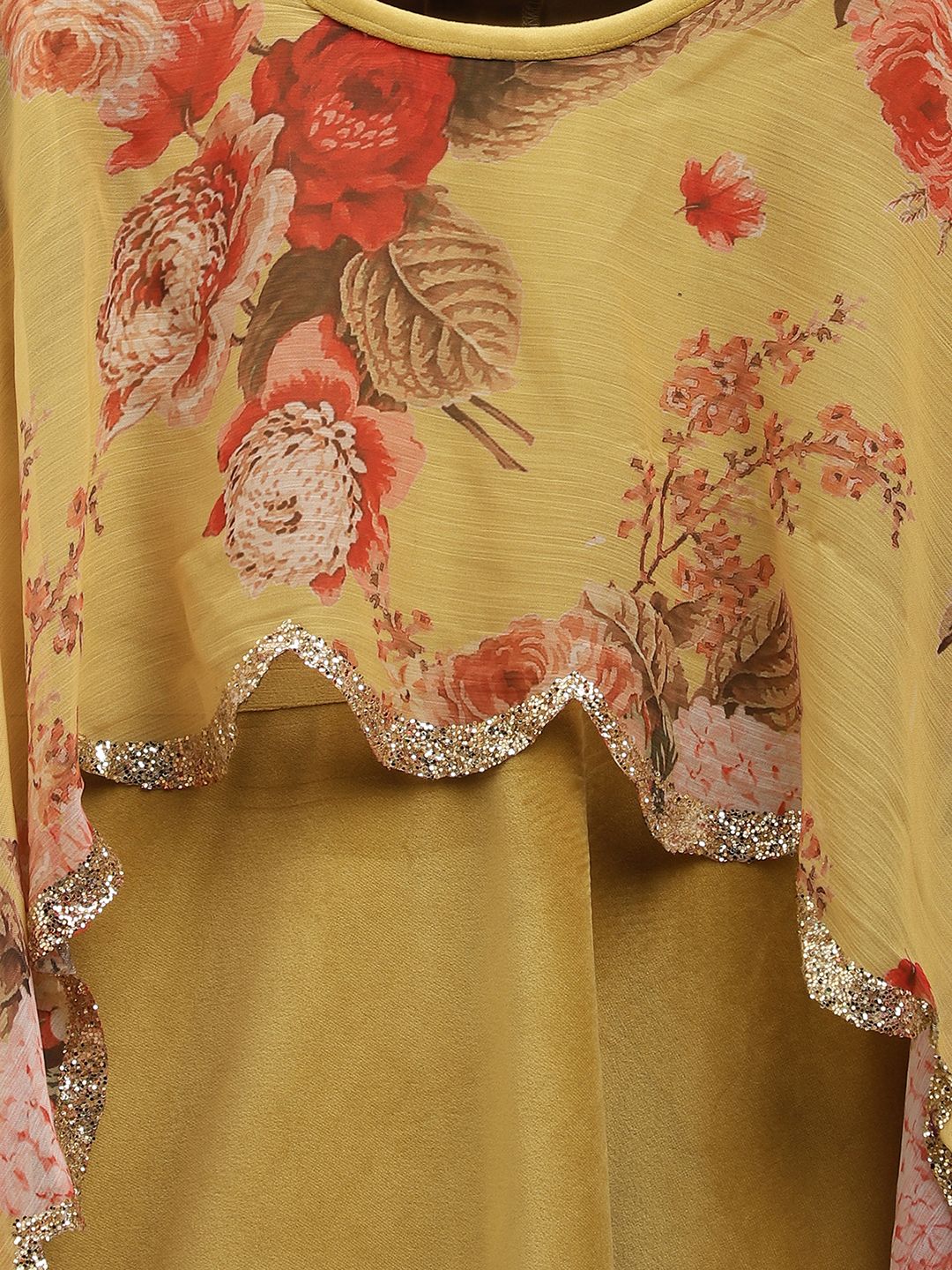 Mustard Floral Printed Velvet Girls Dress With Attached Dupatta