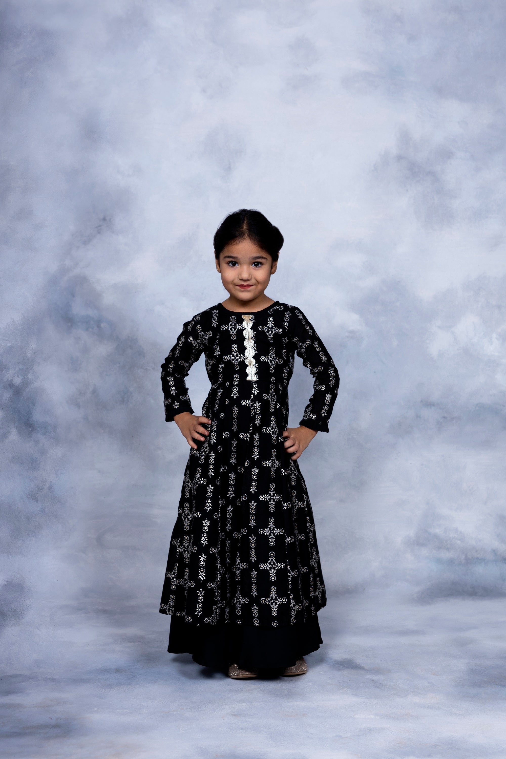 Black Chanderi Gold Foil Printed Girls Dress