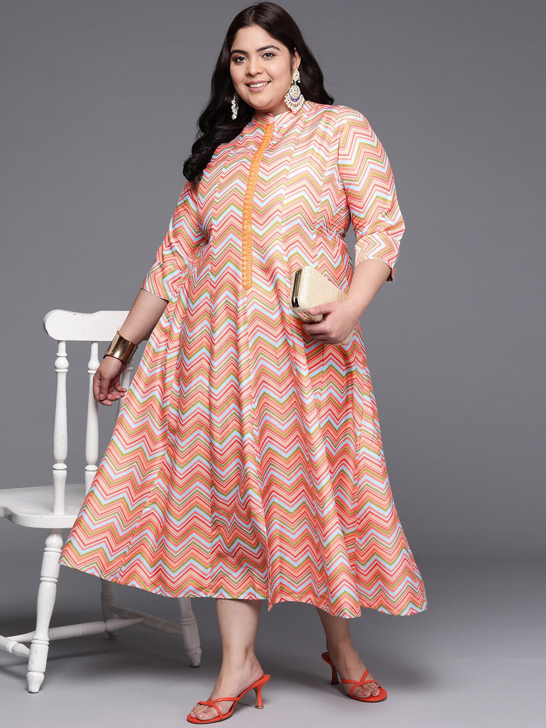 Plus Size Chevron Printed Mandarin Collar Midi Ethnic Dress