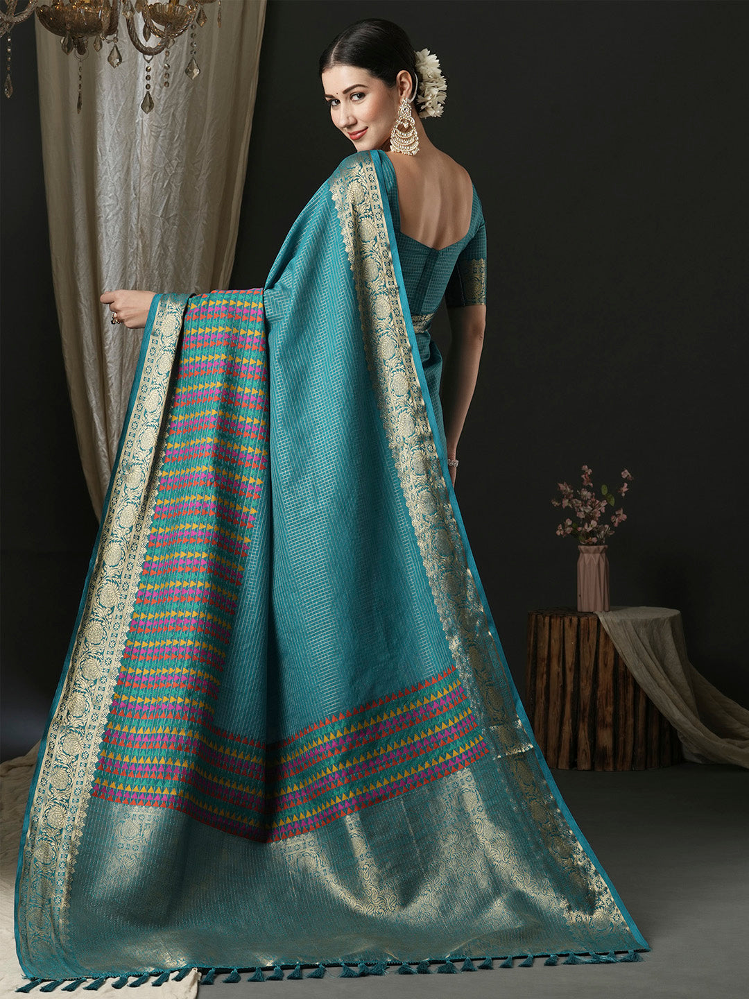 Silk Blend Blue Woven Design Designer Saree With Blouse