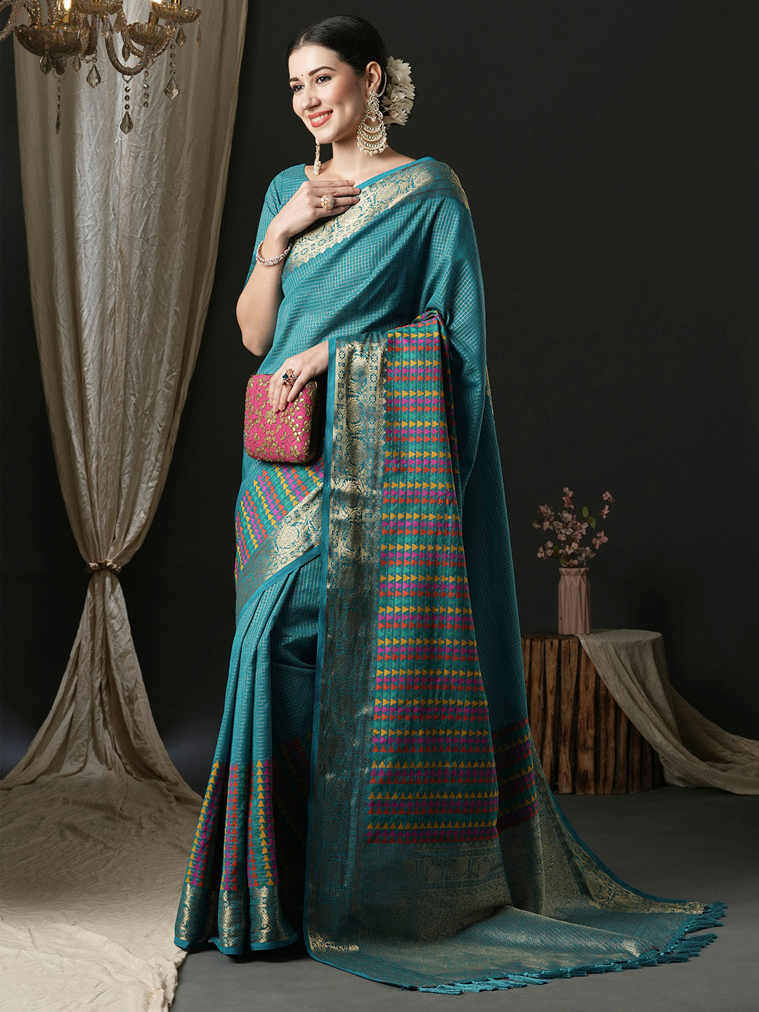 Silk Blend Blue Woven Design Designer Saree With Blouse