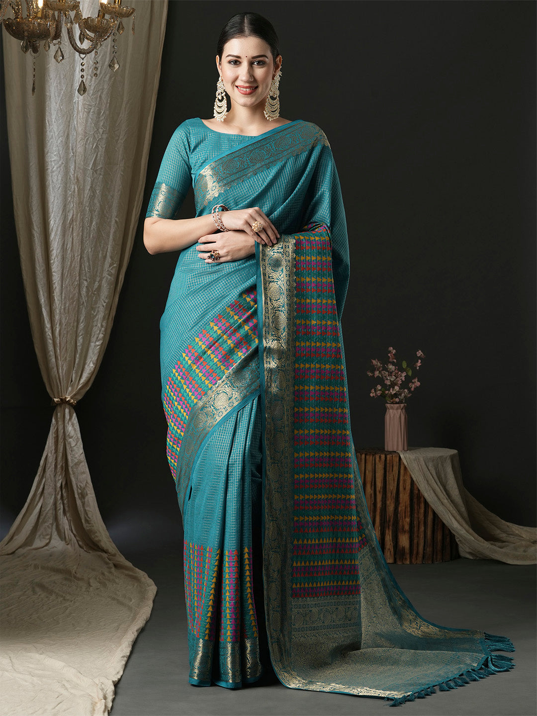 Silk Blend Blue Woven Design Designer Saree With Blouse