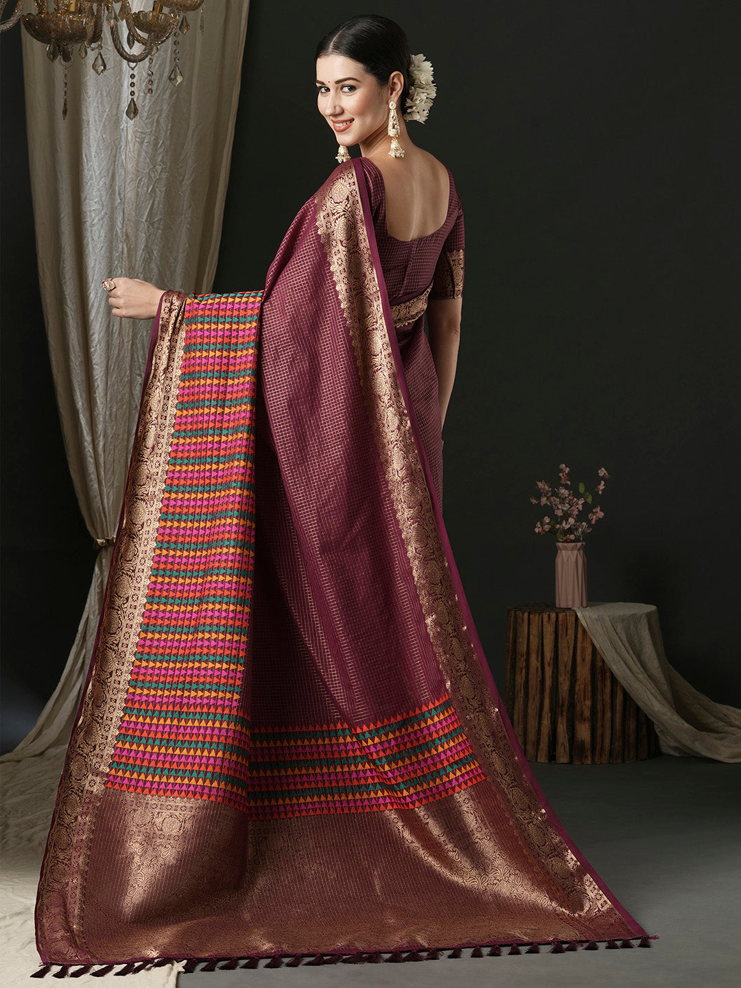 Silk Blend Magenta Woven Design Designer Saree With Blouse