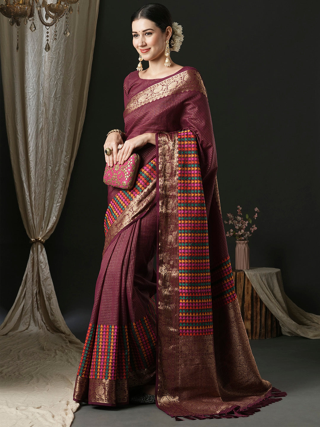 Silk Blend Magenta Woven Design Designer Saree With Blouse