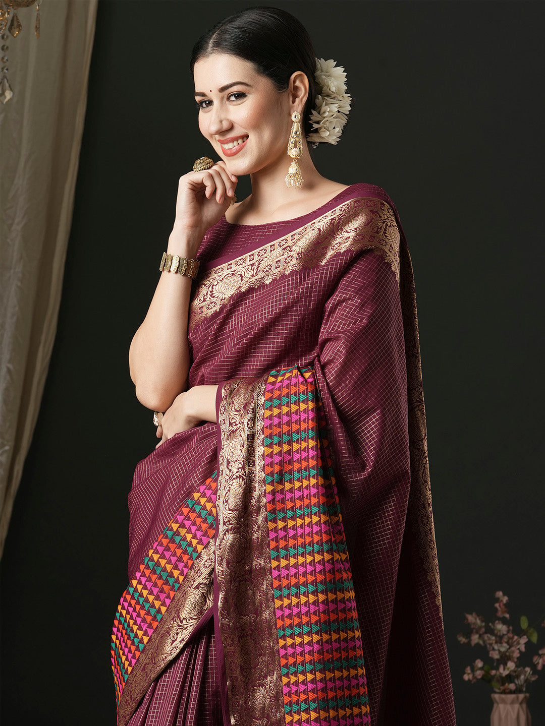 Silk Blend Magenta Woven Design Designer Saree With Blouse