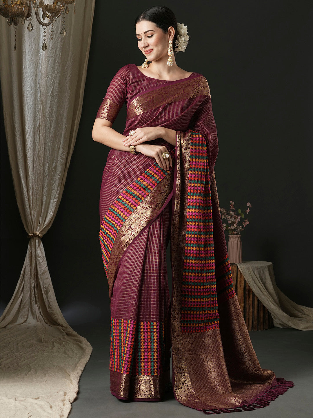 Silk Blend Magenta Woven Design Designer Saree With Blouse