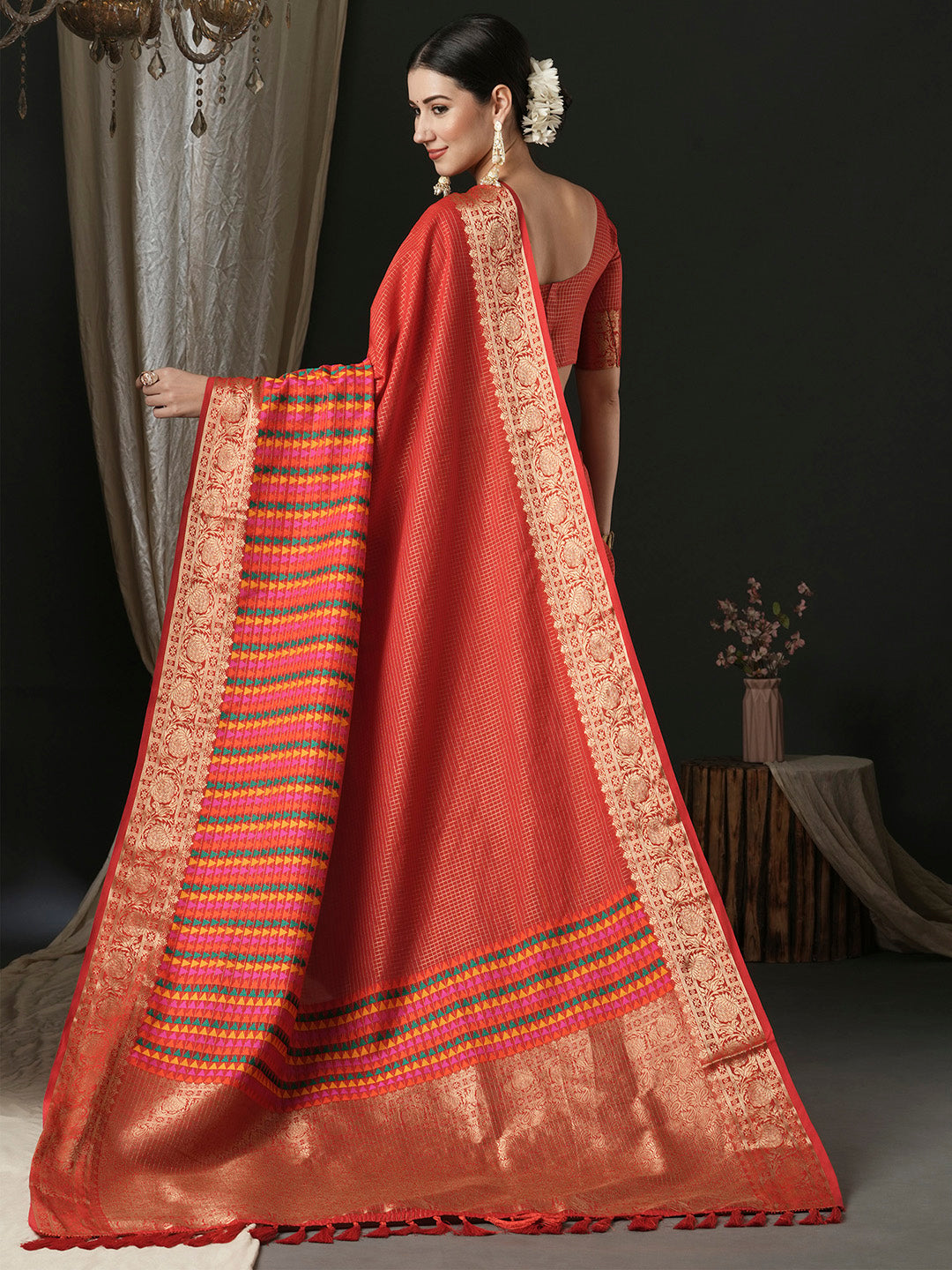 Silk Blend Red Woven Design Designer Saree With Blouse