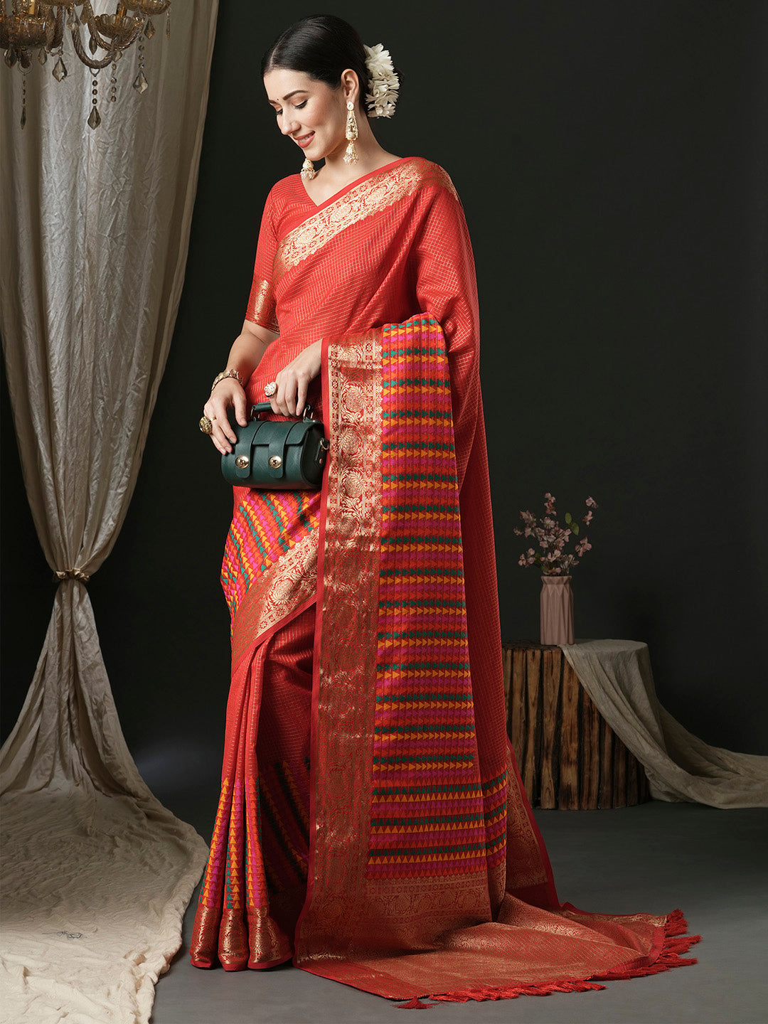 Silk Blend Red Woven Design Designer Saree With Blouse