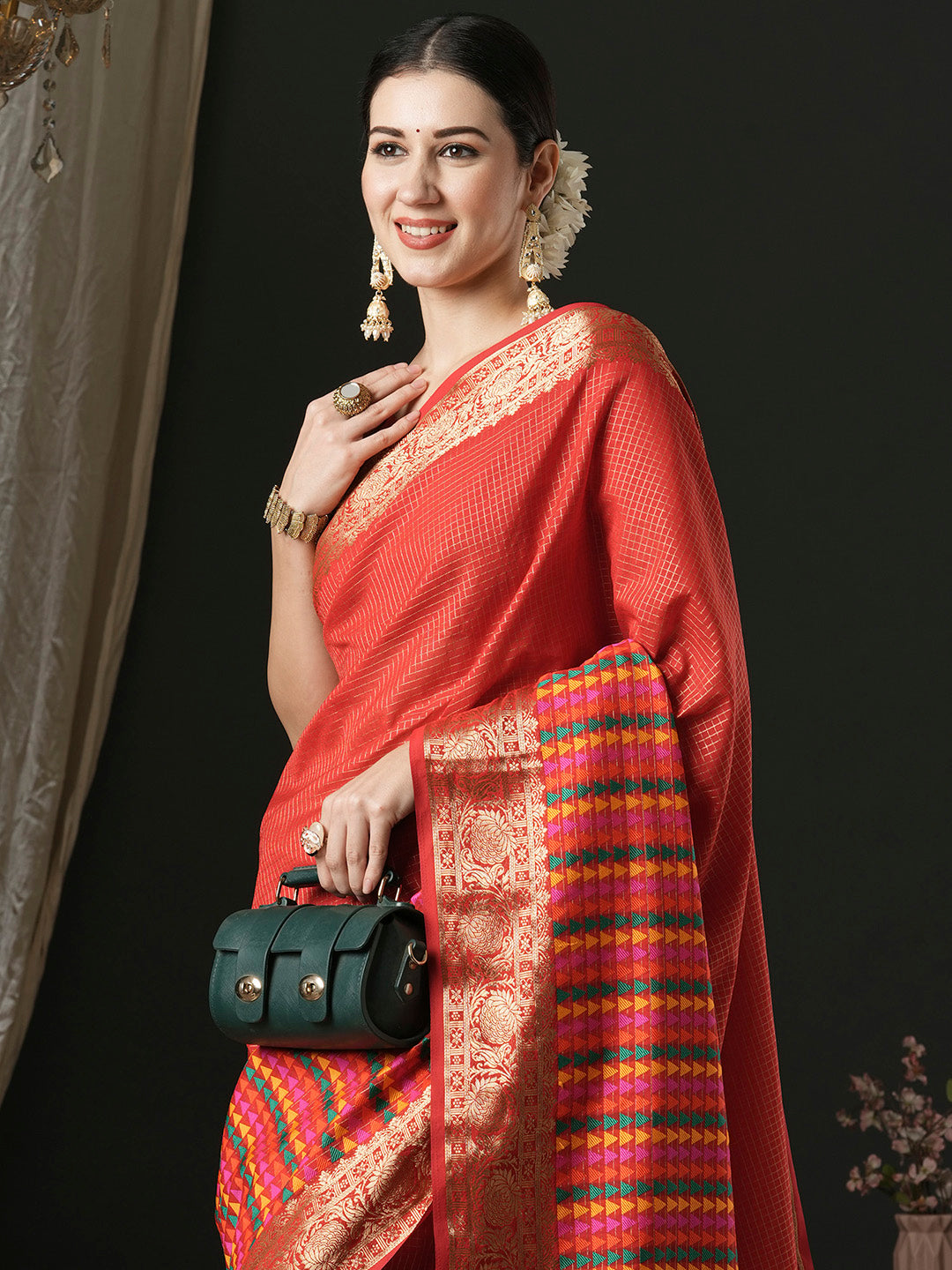 Silk Blend Red Woven Design Designer Saree With Blouse