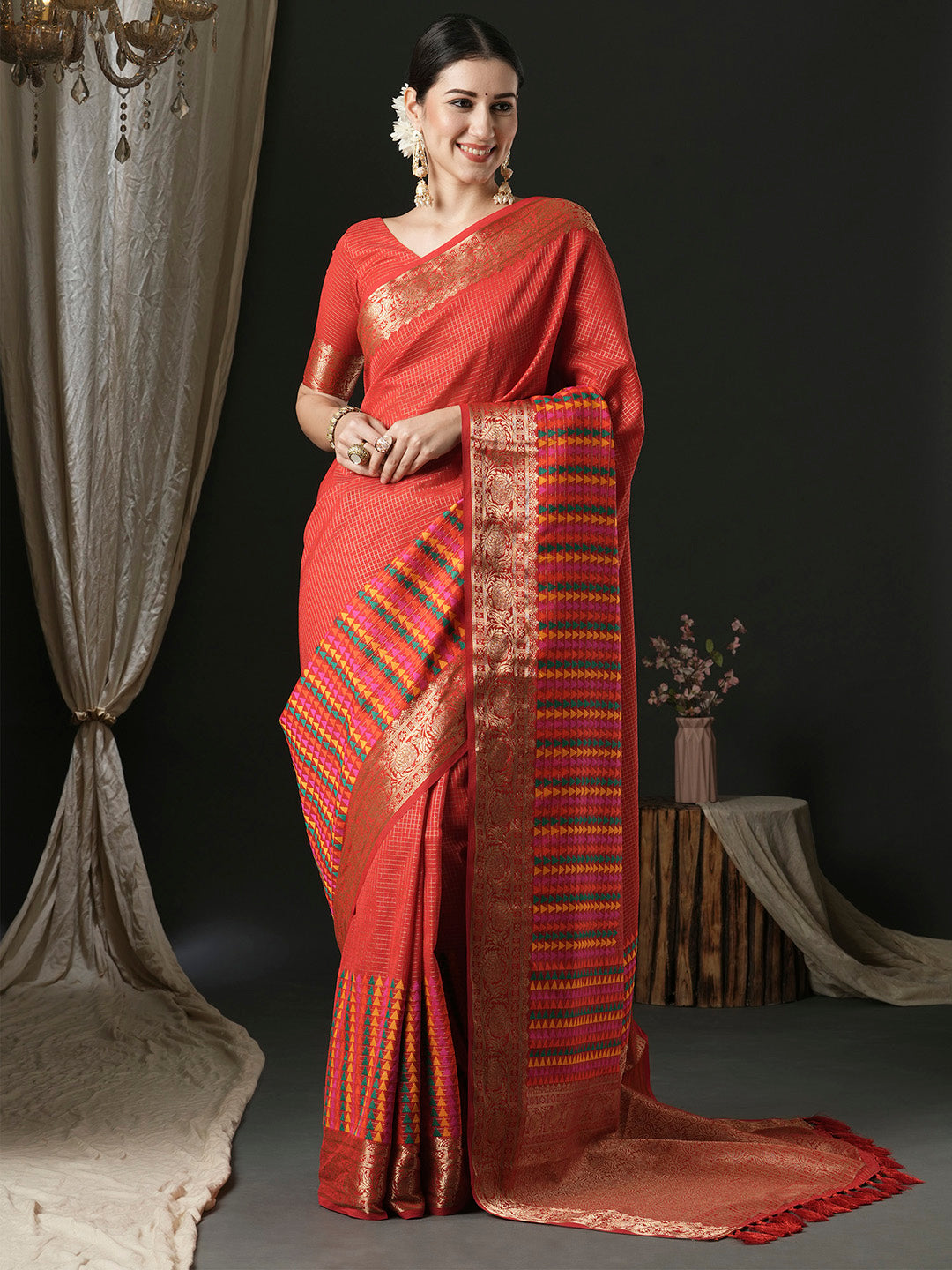 Silk Blend Red Woven Design Designer Saree With Blouse