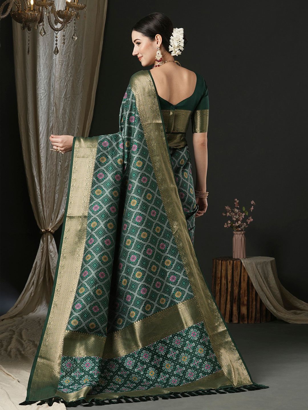 Silk Blend Dark Green Woven Design Designer Saree With Blouse