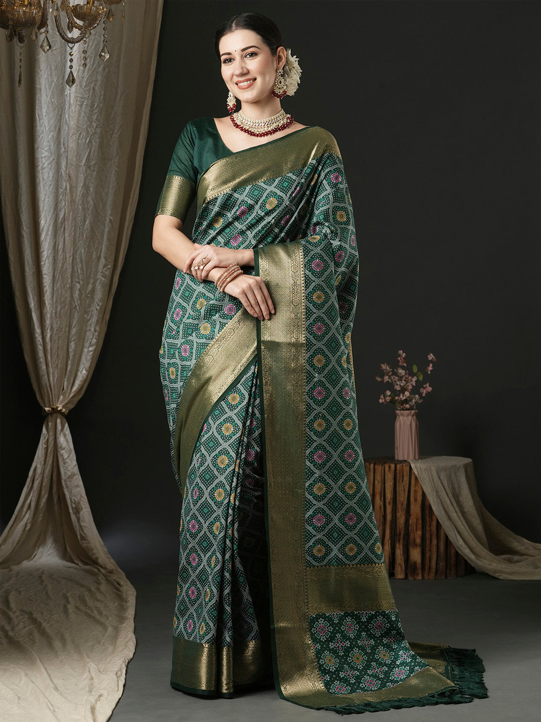 Silk Blend Dark Green Woven Design Designer Saree With Blouse