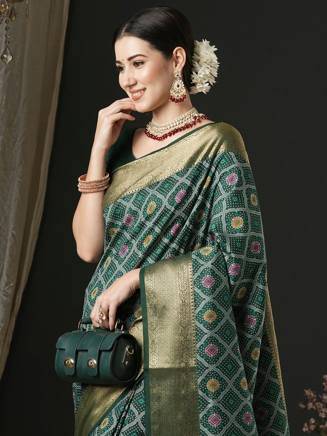 Silk Blend Dark Green Woven Design Designer Saree With Blouse