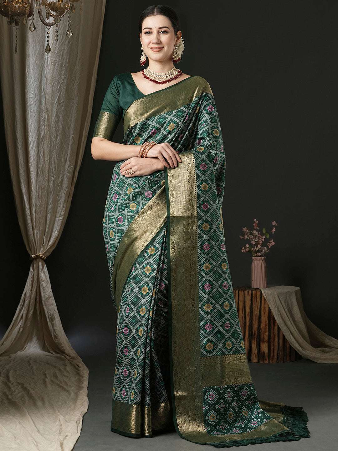 Silk Blend Dark Green Woven Design Designer Saree With Blouse