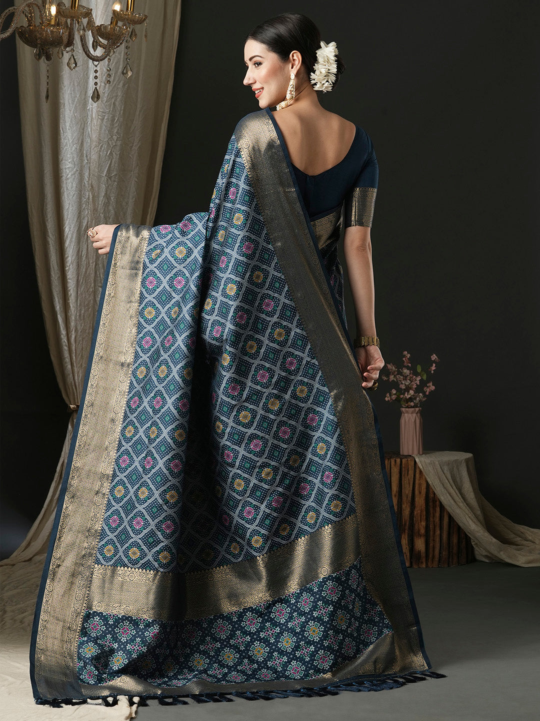 Silk Blend Navy Blue Woven Design Designer Saree With Blouse