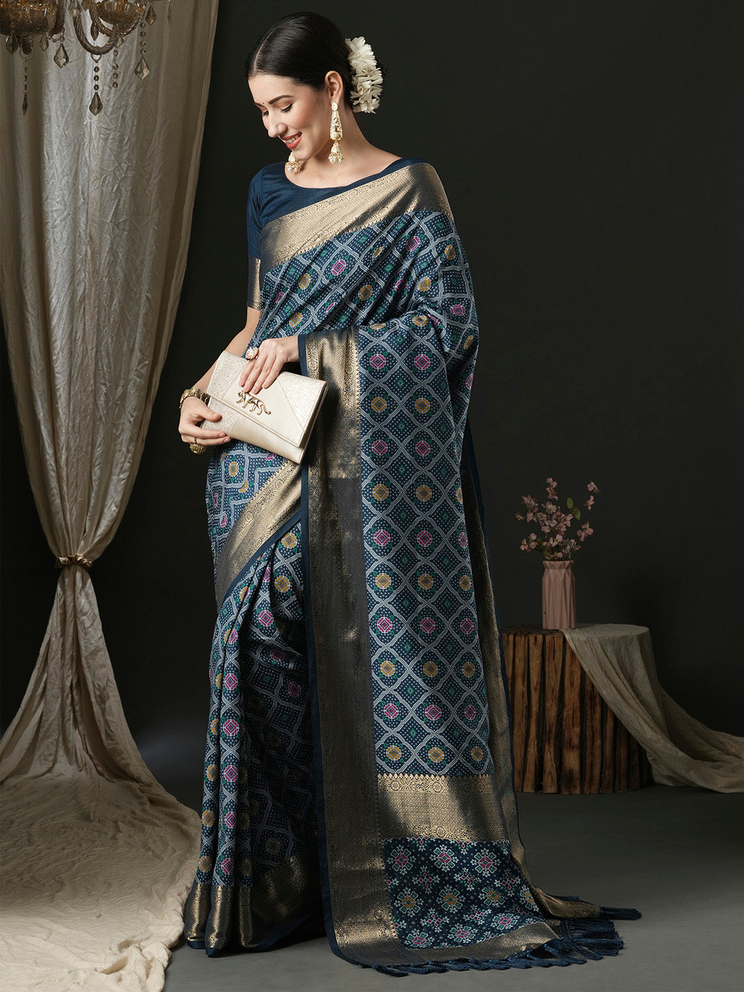 Silk Blend Navy Blue Woven Design Designer Saree With Blouse