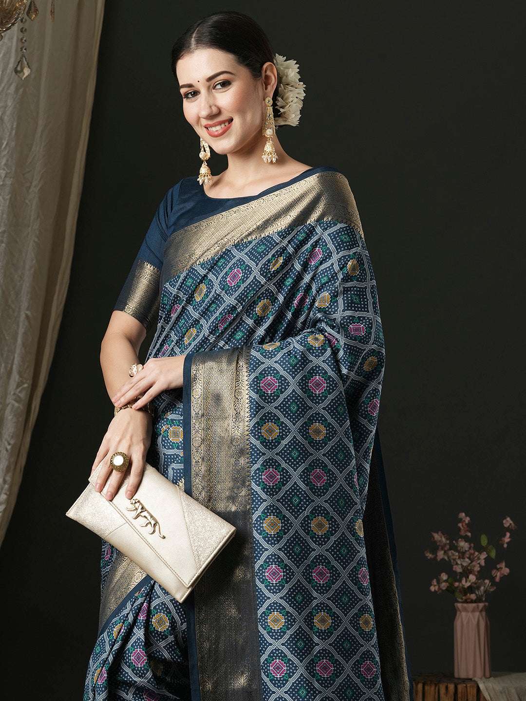 Silk Blend Navy Blue Woven Design Designer Saree With Blouse