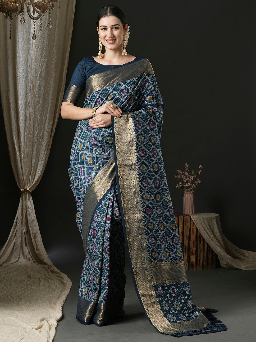 Silk Blend Navy Blue Woven Design Designer Saree With Blouse