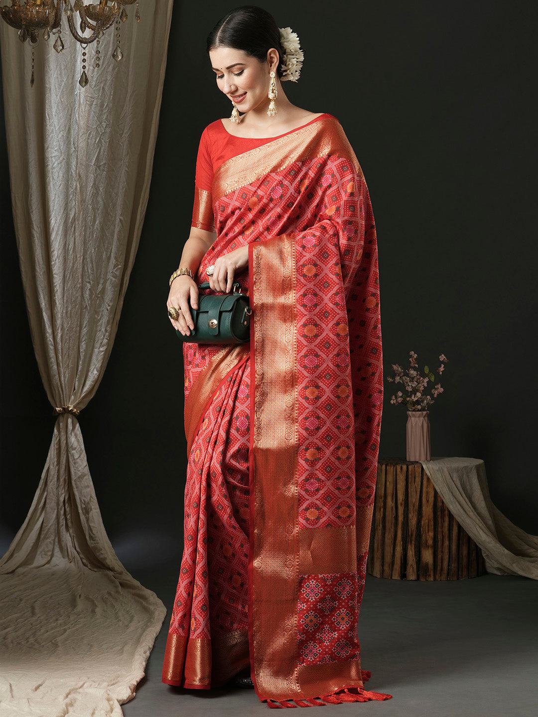 Silk Blend Red Woven Design Designer Saree With Blouse