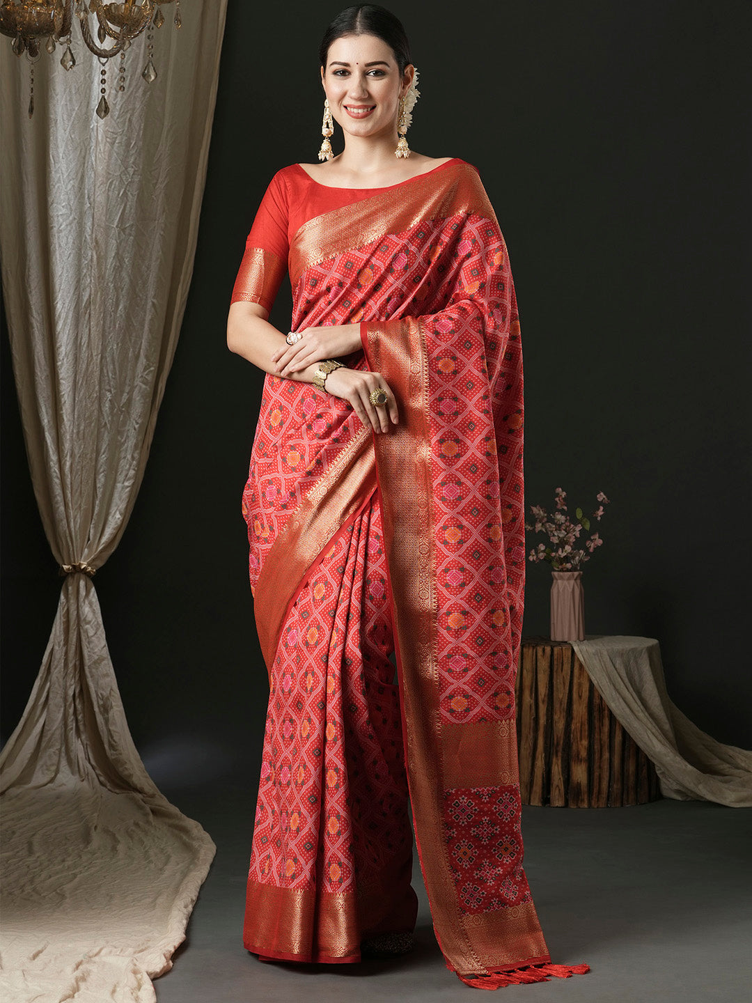 Silk Blend Red Woven Design Designer Saree With Blouse