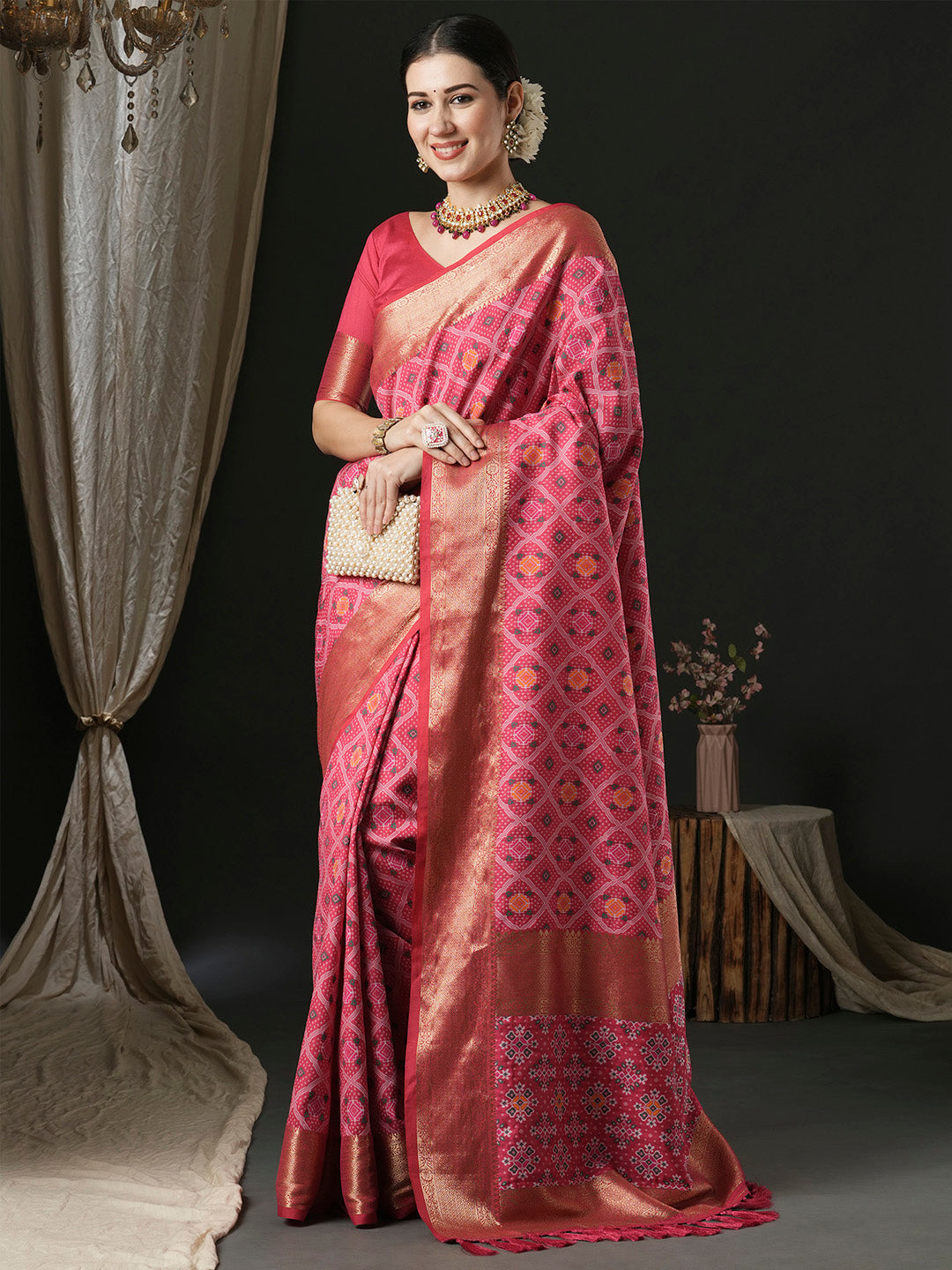 Silk Blend Pink Woven Design Designer Saree With Blouse