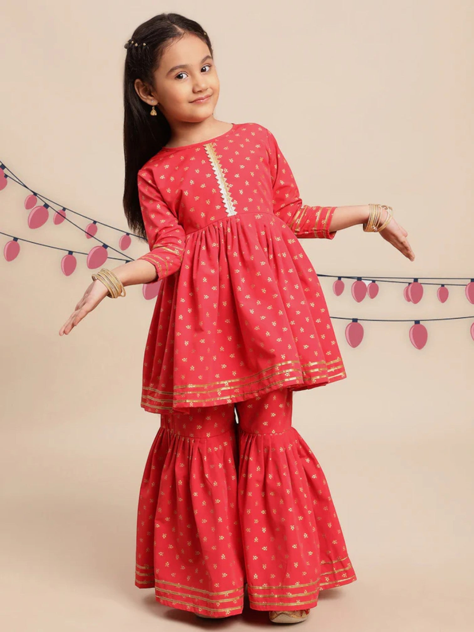 Red Cotton Girl's Frock Suit with Gharara Palazzo