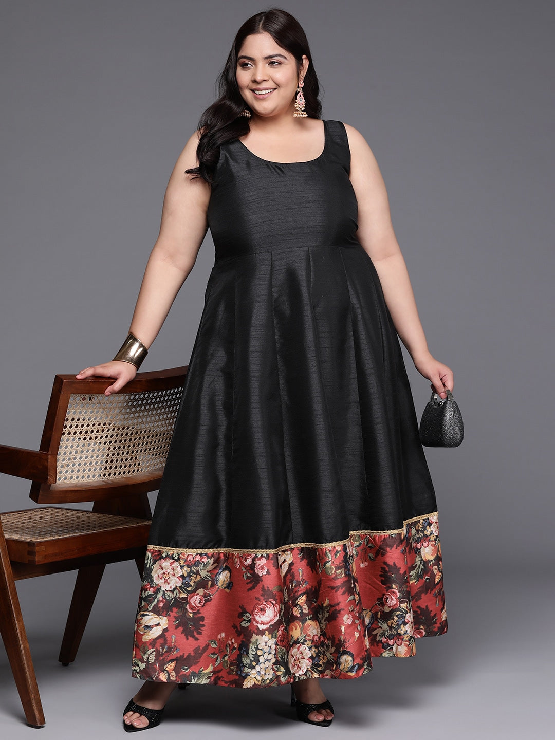 Plus Size Floral Printed Fit & Flare Maxi Ethnic Dress-AH