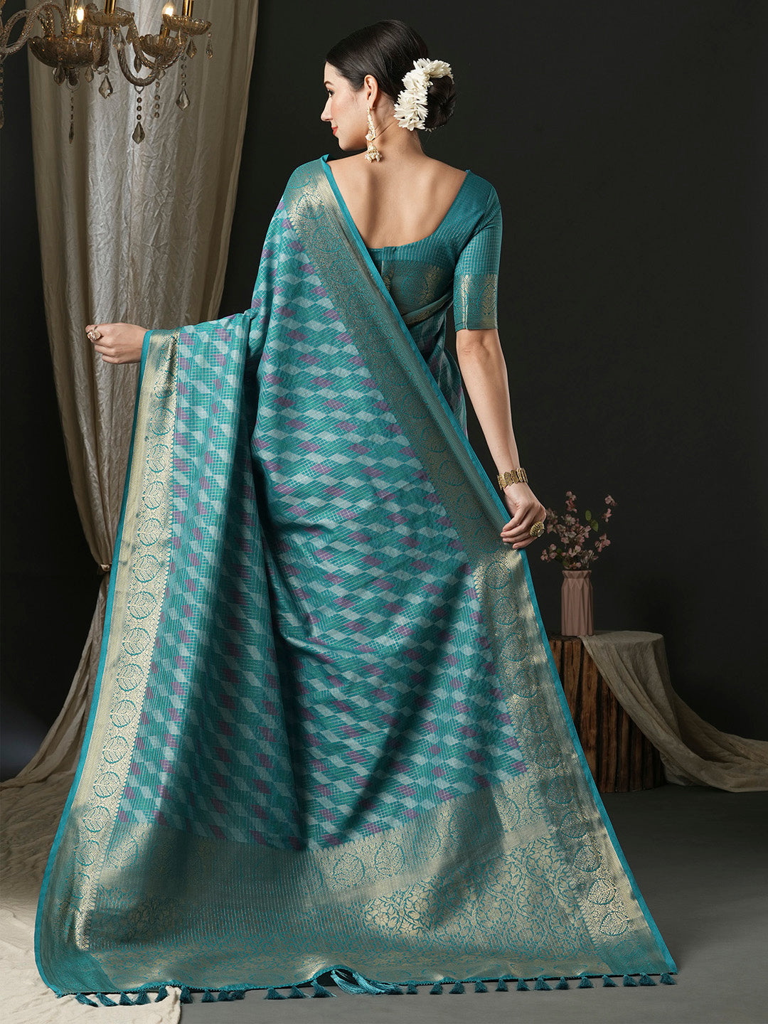 Silk Blend Blue Woven Design Designer Saree With Blouse