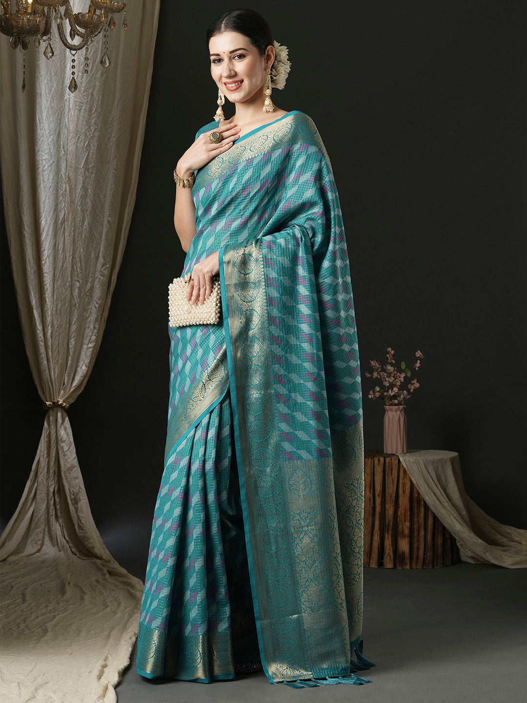 Silk Blend Blue Woven Design Designer Saree With Blouse