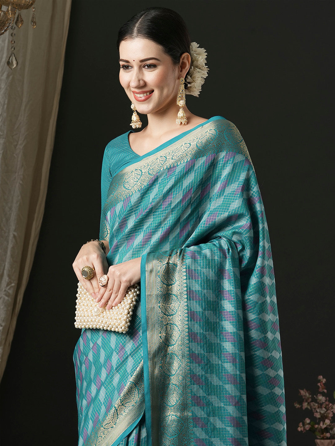 Silk Blend Blue Woven Design Designer Saree With Blouse