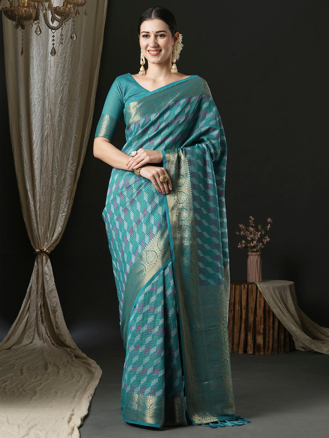 Silk Blend Blue Woven Design Designer Saree With Blouse