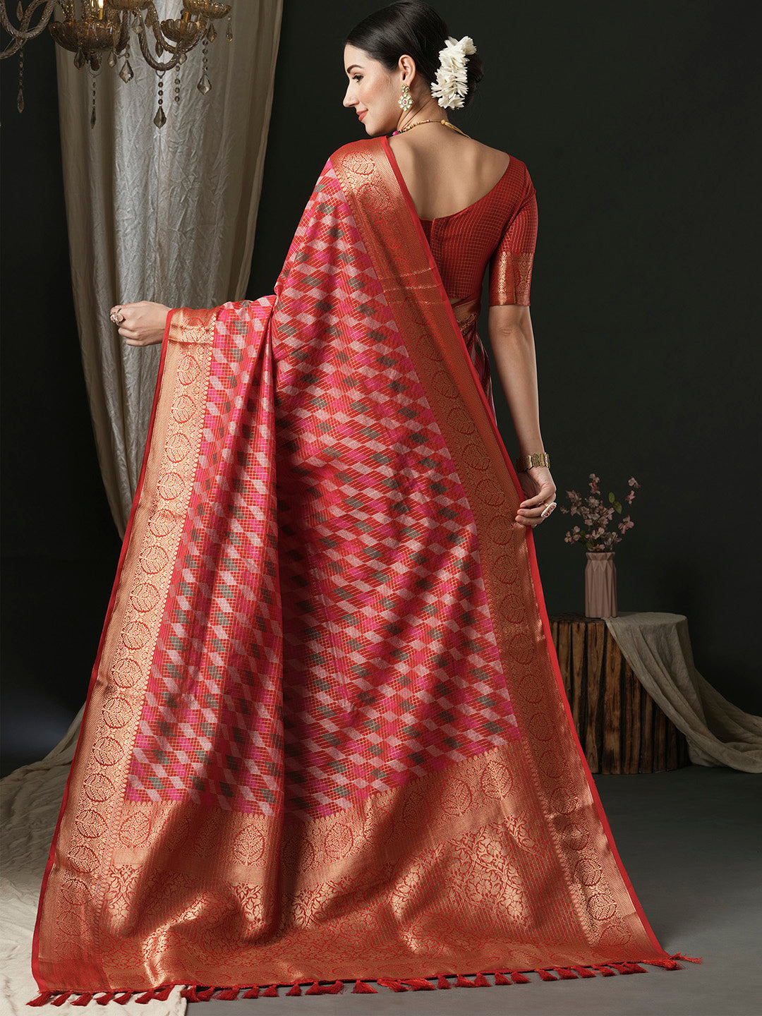 Silk Blend Red Woven Design Designer Saree With Blouse