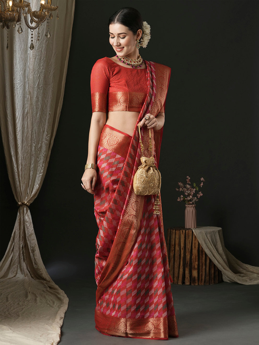 Silk Blend Red Woven Design Designer Saree With Blouse