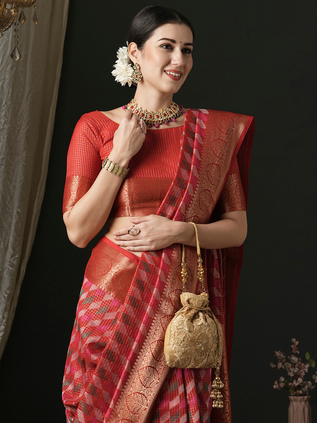 Silk Blend Red Woven Design Designer Saree With Blouse