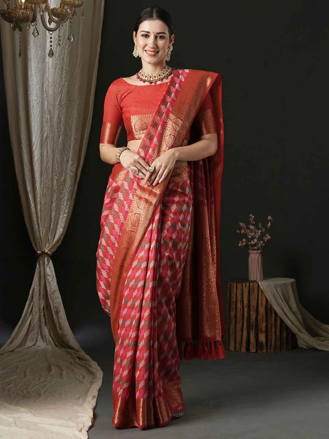 Silk Blend Red Woven Design Designer Saree With Blouse