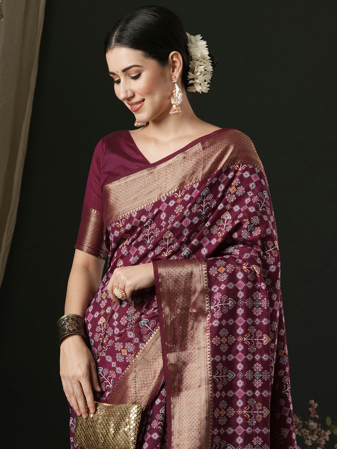 Silk Blend Magenta Woven Design Designer Saree With Blouse