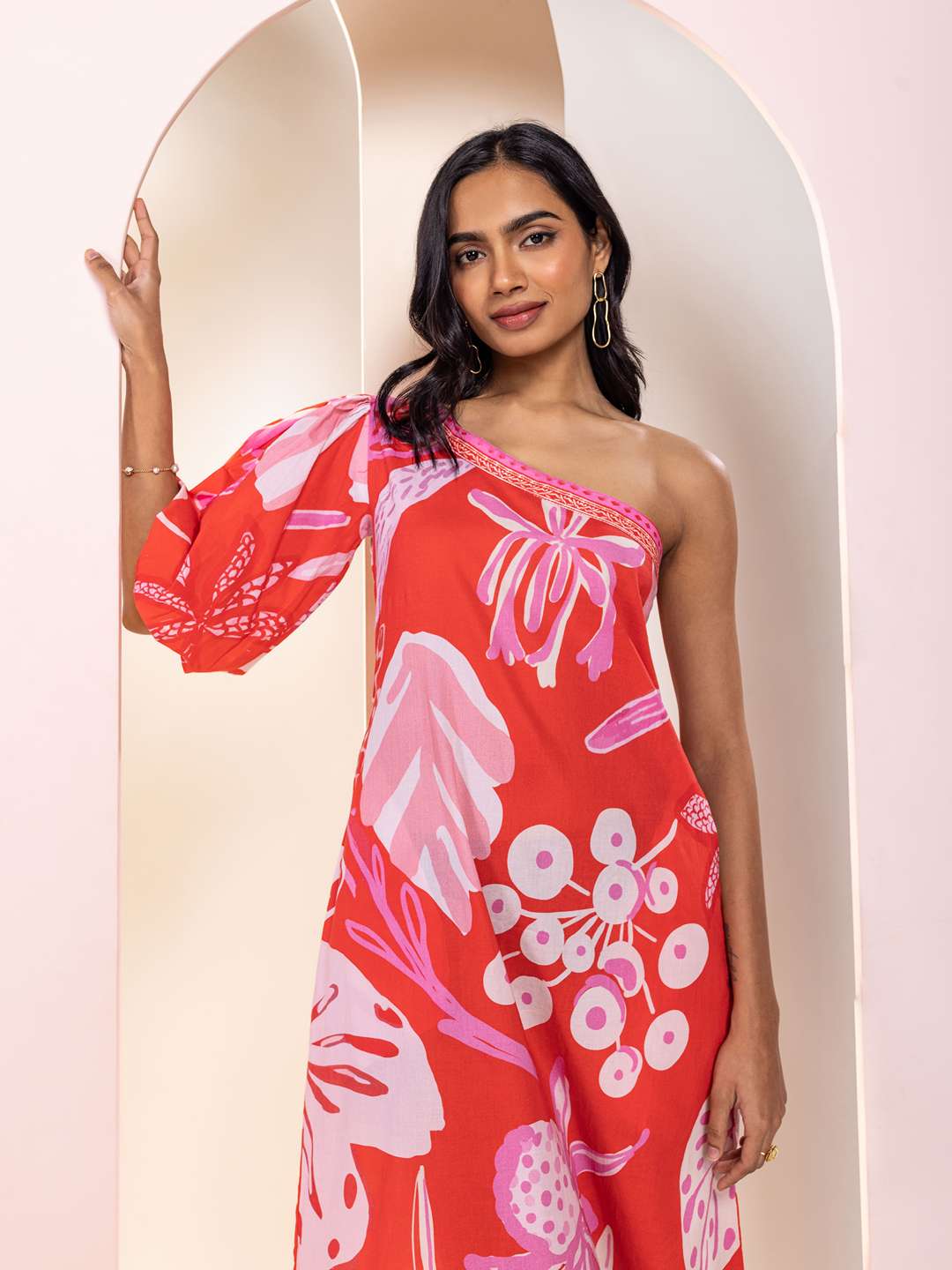 Monstera Printed One Shoulder Midi Dress