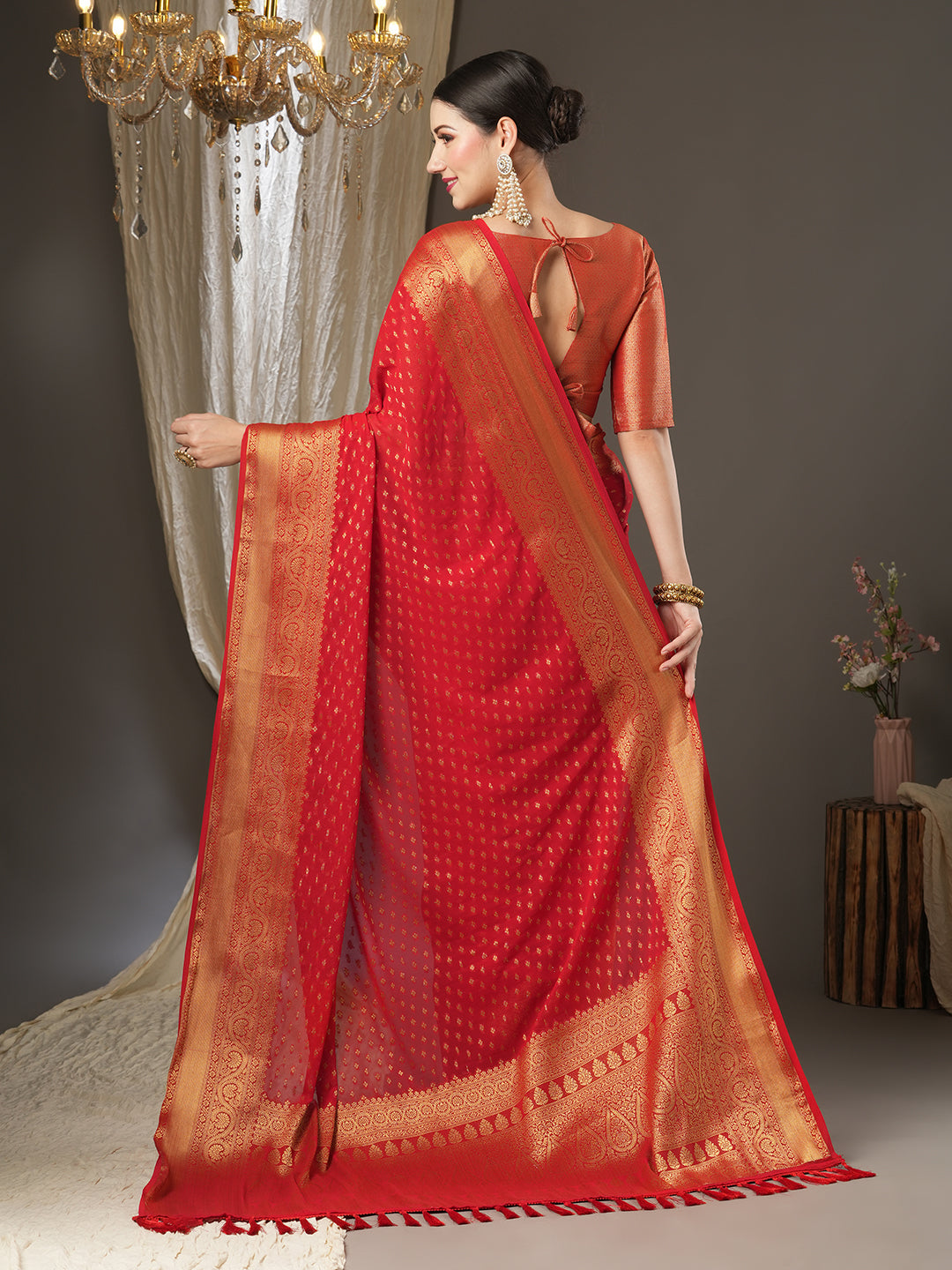 Georgette Red Woven Design Designer Saree With Blouse