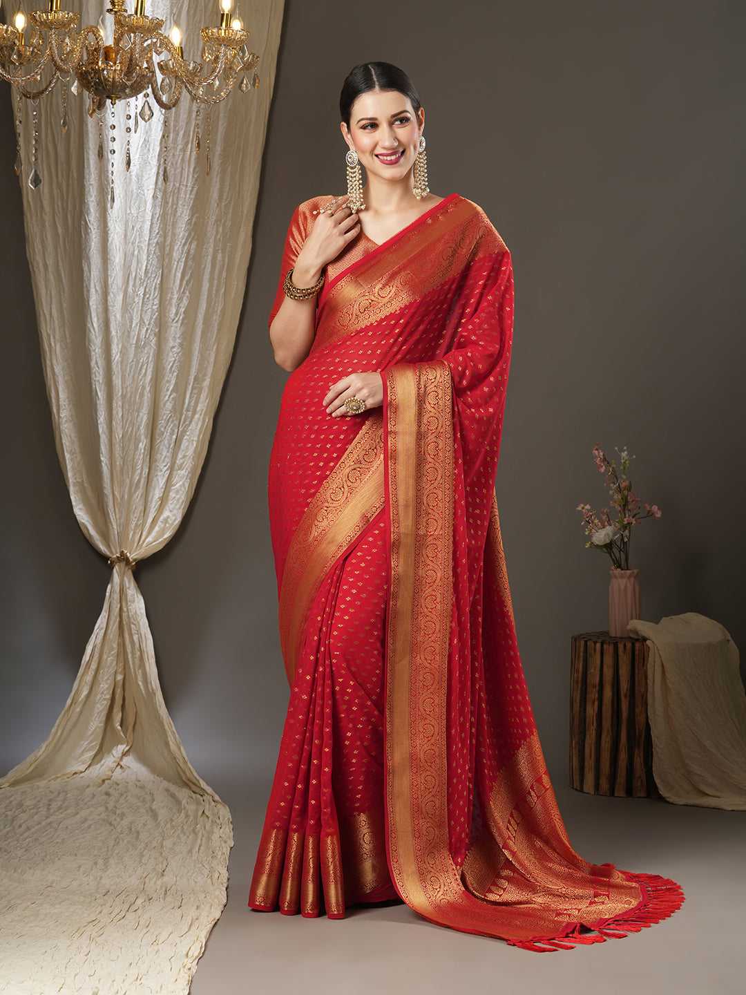 Georgette Red Woven Design Designer Saree With Blouse